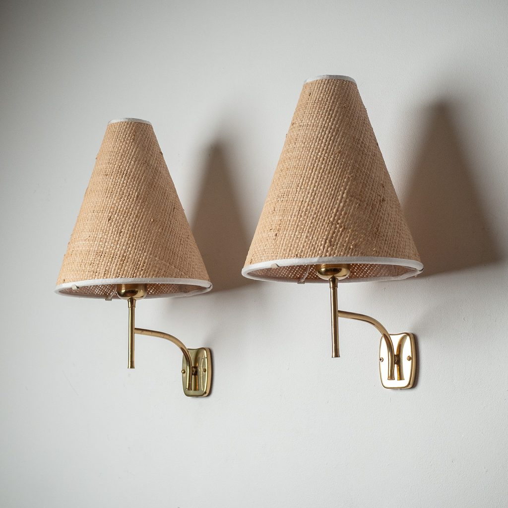 Austrian Brass and Raffia Wall Lights, 1950s