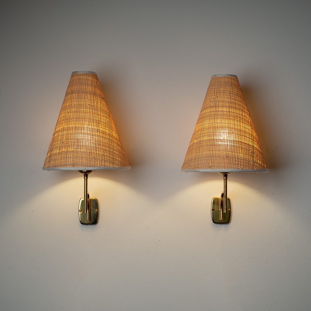 Austrian Brass and Raffia Wall Lights, 1950s