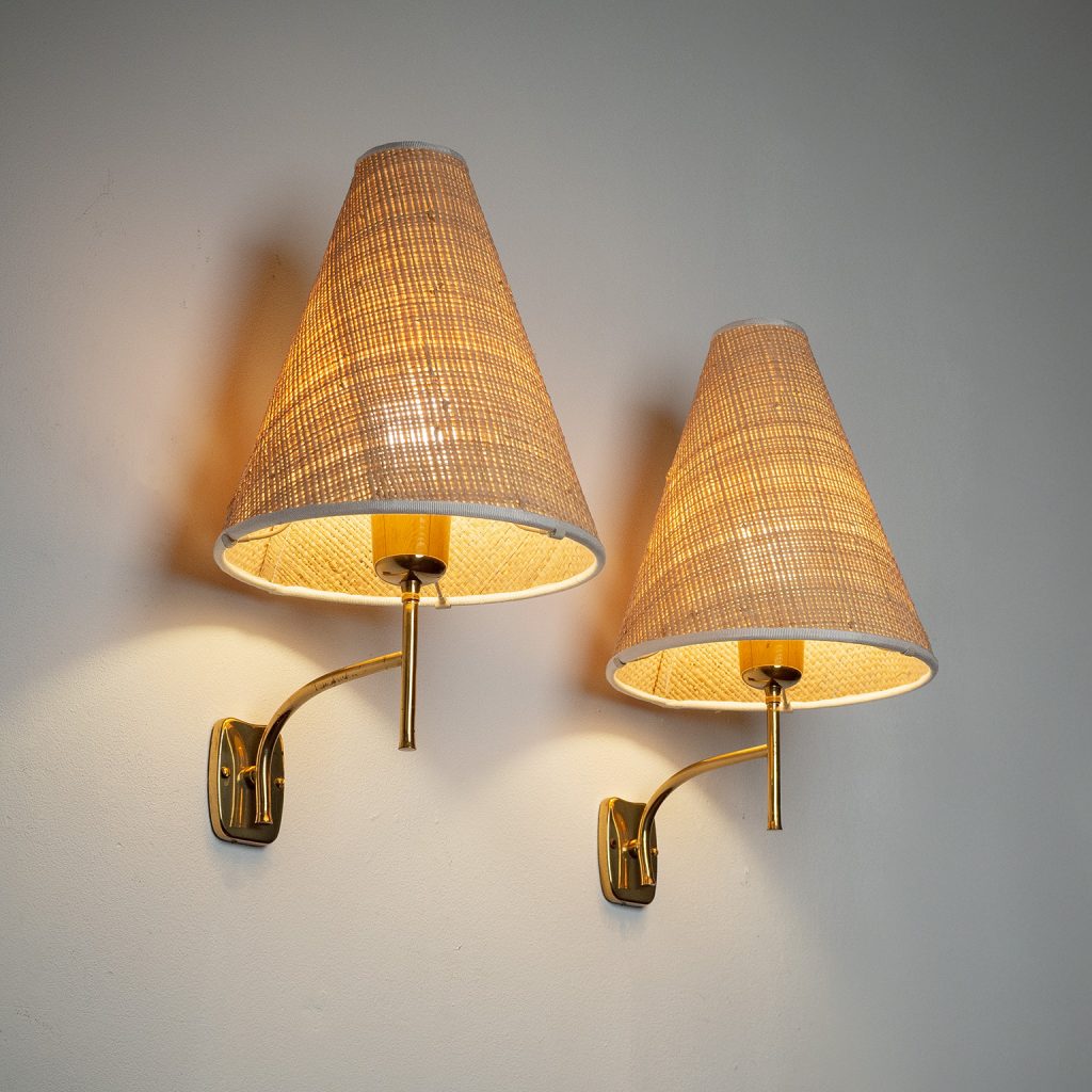Austrian Brass and Raffia Wall Lights, 1950s